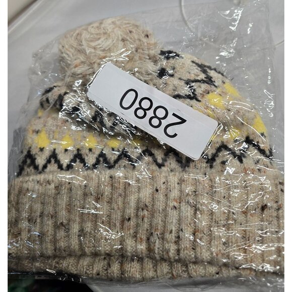 Beige & Yellow Fair Isle Pom-Pom Knit Beanie Hat 49% Recycled Polyester - Picture 7 of 7